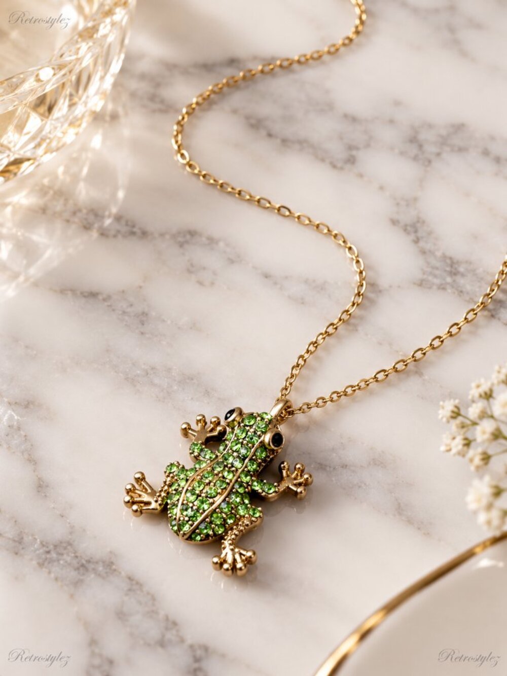 14K Gold Womens Green Sapphire Frog Pendant Necklace Ladies 14 K Silver Jewelry